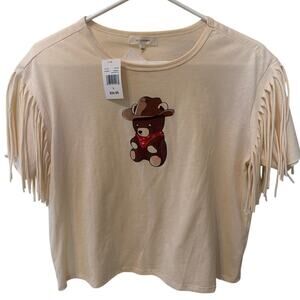 NWT no comment Teddy Bear Cowboy Hat T-Shirt Womens Small Fringe Western Cowgirl